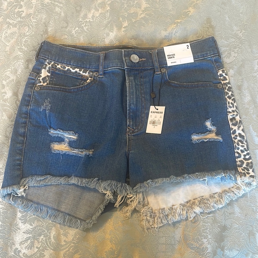 High rise Express denim shorts with leopard print detail